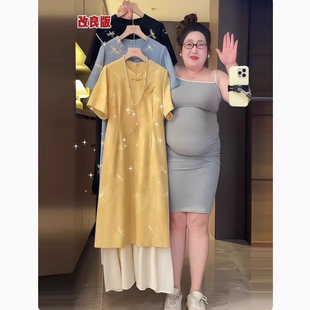 大码国风新中式旗袍连衣裙夏季胖mm显瘦遮胯气质高级感假两件裙子