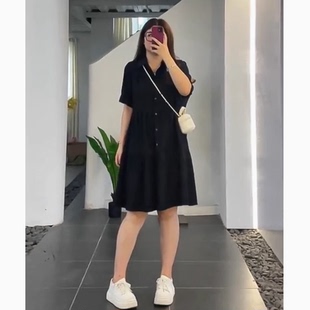 大碼 微胖襯衫 連衣裙女春裝 裙子胖妹妹遮肚顯瘦炸街小黑裙 胖mm法式