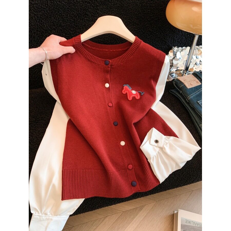 马年红色小马假两件针织衫女2026新款春季大码胖mm超好看毛衣上衣