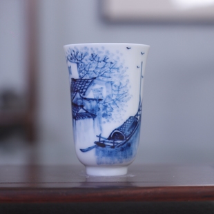 刘林荣手绘闻香杯釉下彩陶瓷茶具聚香杯青花瓷品茗杯山水暖手杯