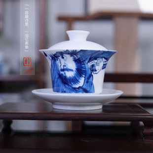 九希堂陈胜波手绘青花瓷人物画三才盖碗写意钟馗文人画泡茶碗马蹄