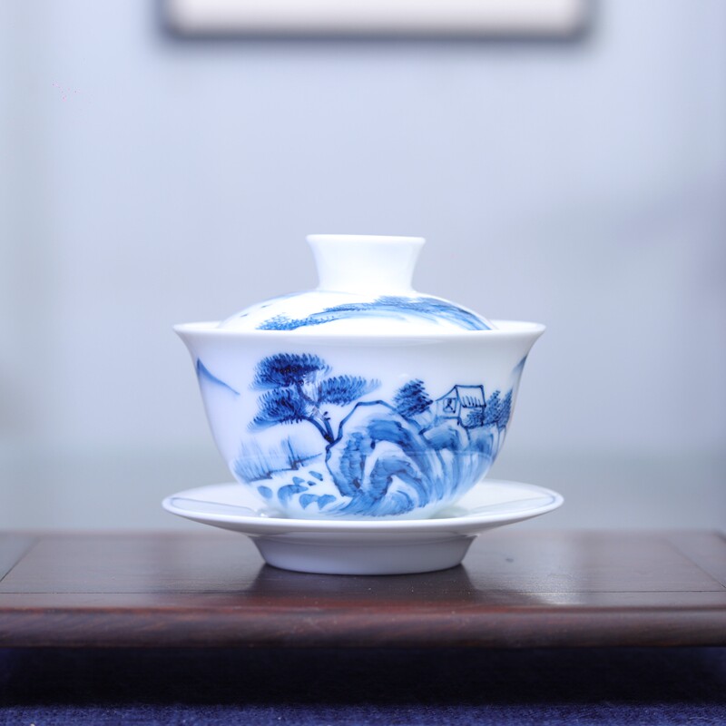 亦紫陶潮汕功夫茶三才杯陶瓷盖碗手绘清供小茶碗釉下青花瓷小容量