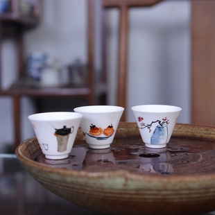 亦紫陶潮汕功夫杯陶瓷茶杯手绘清供品茗杯小茶碗薄胎骨瓷小斗笠杯