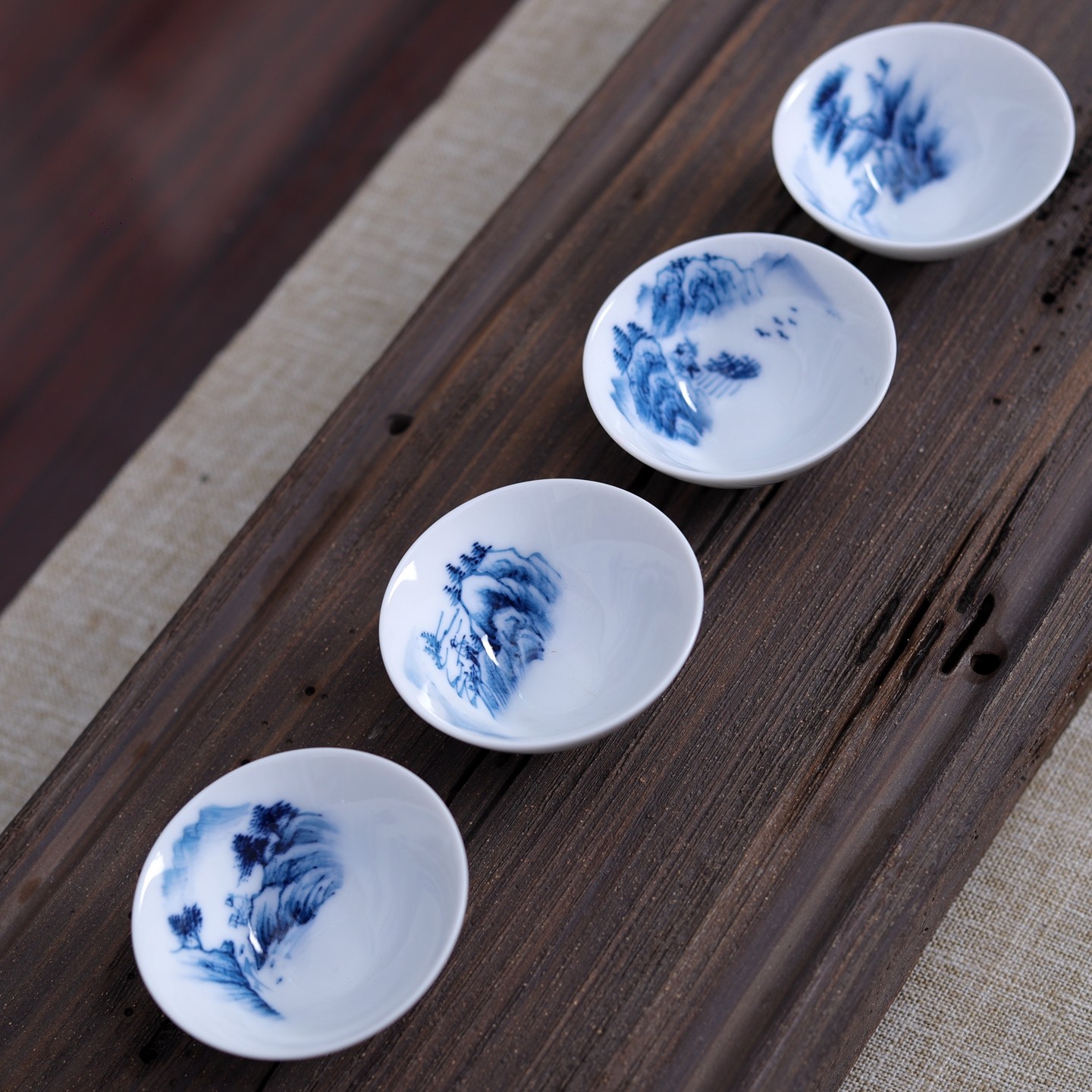 手绘青花瓷山水渔樵耕读斗笠杯