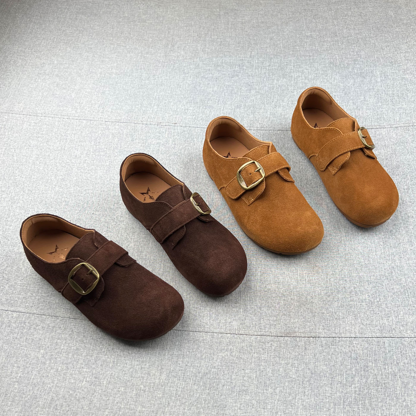 真皮魔术贴平跟勃肯鞋女豆豆鞋