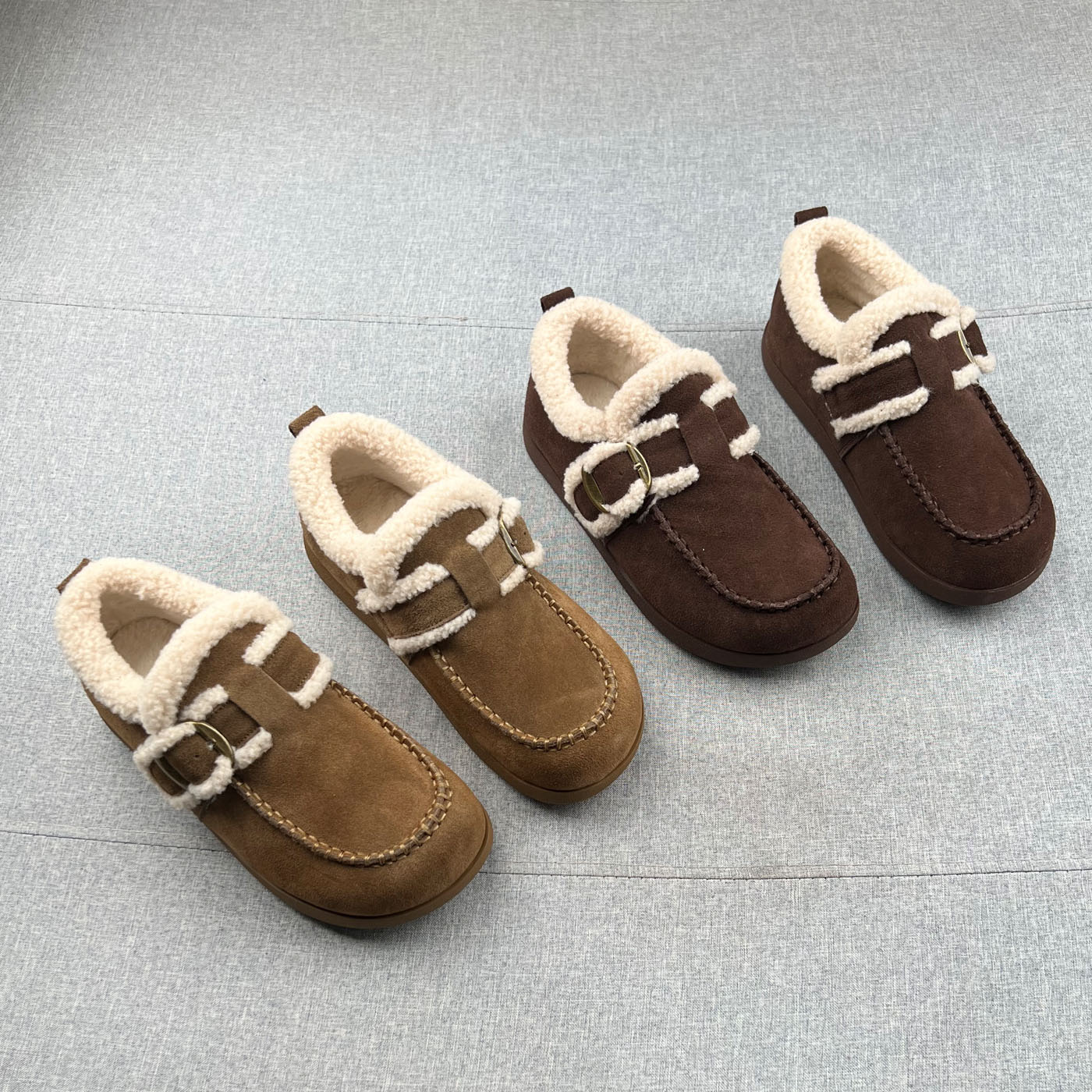 真皮羊毛绒保暧平跟勃肯鞋豆豆鞋