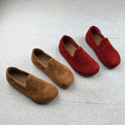 真皮圆头平底勃肯鞋女