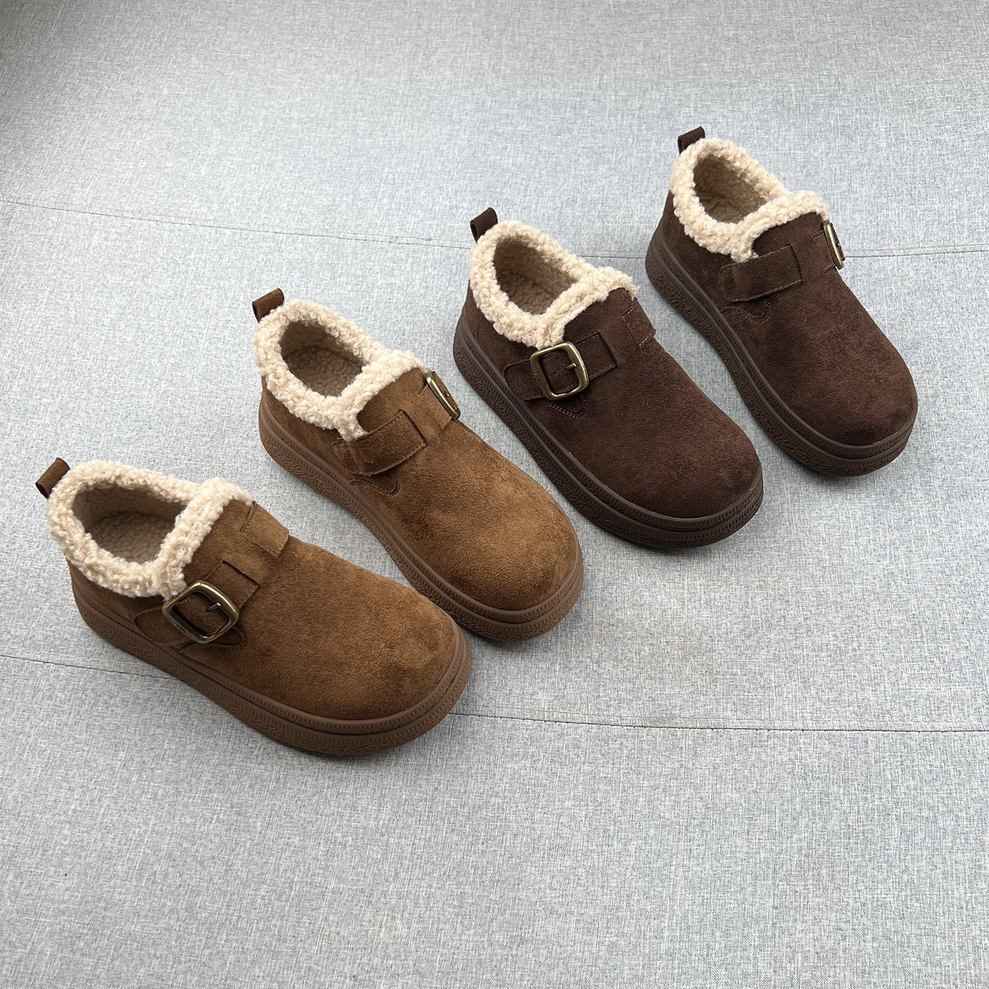 羊毛绒保暧魔术贴厚底勃肯鞋