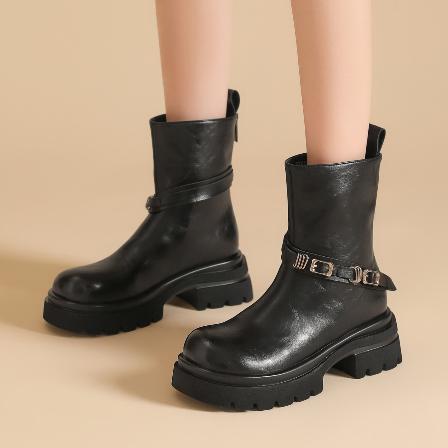 女士新款皮面骑士靴切尔西靴