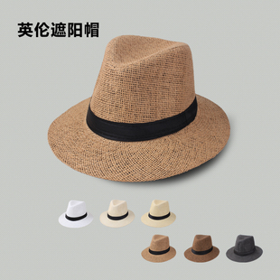 春夏季男士平沿牛仔帽 纯色透气草编户外遮阳帽宽沿沙滩帽子男帽