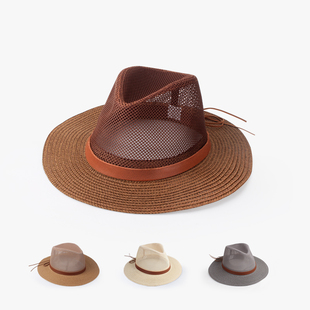 夏季男帽户外透气遮阳平沿网子牛仔帽休闲草编太阳帽沙滩帽子凉帽