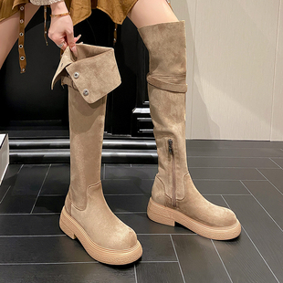 美拉德过膝长靴女厚底两穿麂皮绒翻折小个子高筒骑士靴子 5cm