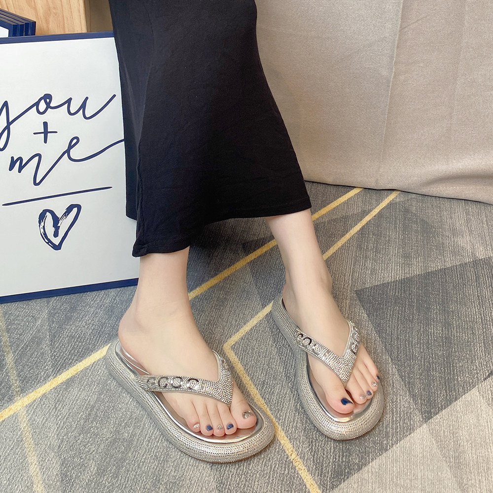 羊皮版踩屎感夹趾厚底凉拖鞋女2025夏季新款亮闪水钻平底人字拖,女鞋,人字拖,淘宝优惠券,粉丝福利购,淘宝优惠卷