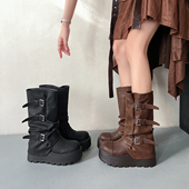 管靴女秋新款 巨显高 7cm厚底增高裤 骑士靴女时髦扣带中筒堆堆靴子