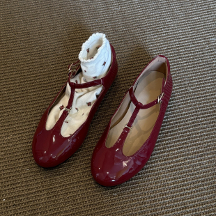 羊皮版~法式小众T字扣玛丽珍单鞋女复古圆头平底浅口红色芭蕾舞鞋