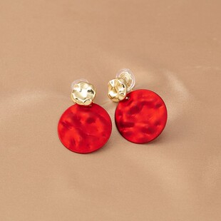 韩国红色圆形纯银针耳钉耳环时尚气质复古港风蚊香盘无耳洞耳夹女