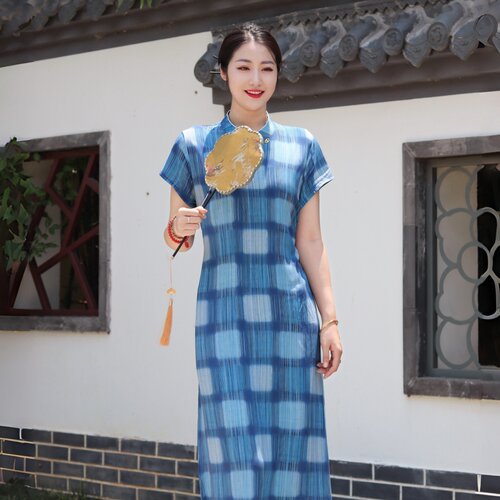 夏季棉绸短袖蓝格显瘦旗袍