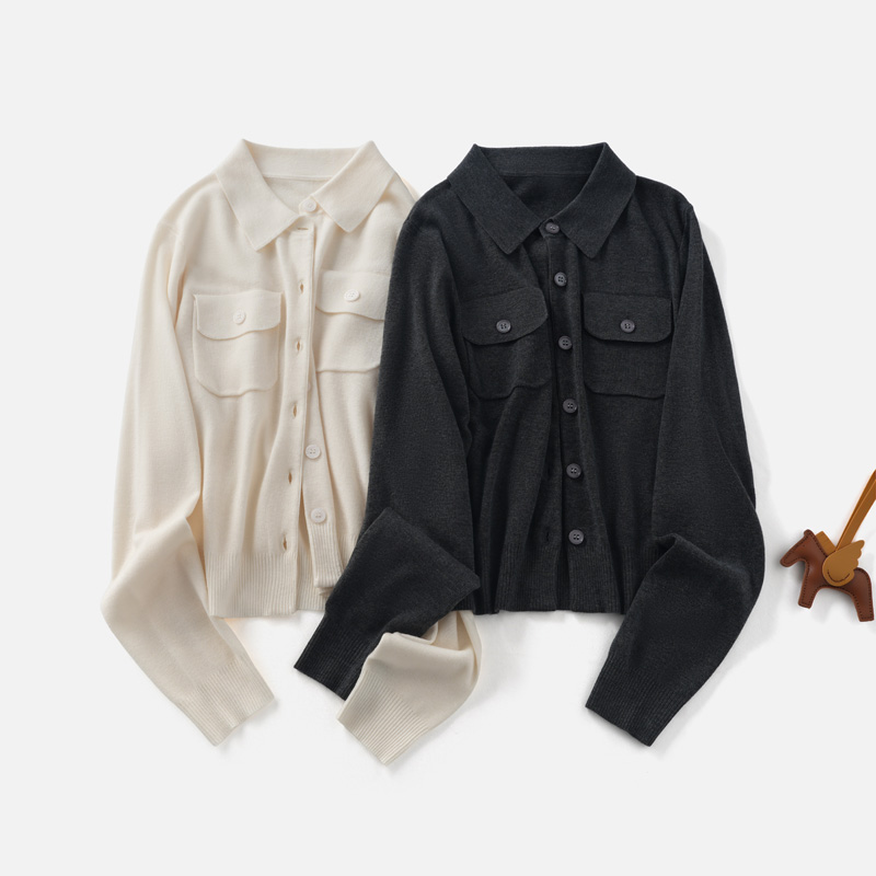 洛薇雅POLO领长袖针织开衫2025秋冬新款简约百搭羊毛打底上衣