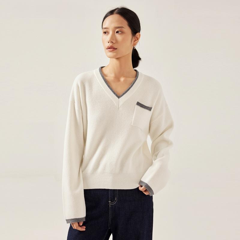 100%羊毛洛薇雅拼色V领长袖套头针织衫新款经典百搭简约打底毛衣
