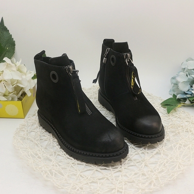 磨砂牛皮圆头低跟粗跟防滑短靴女