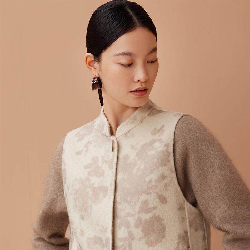 如意连云【知渝】印花对襟全羊毛双面呢马甲女新中式国风复古背心