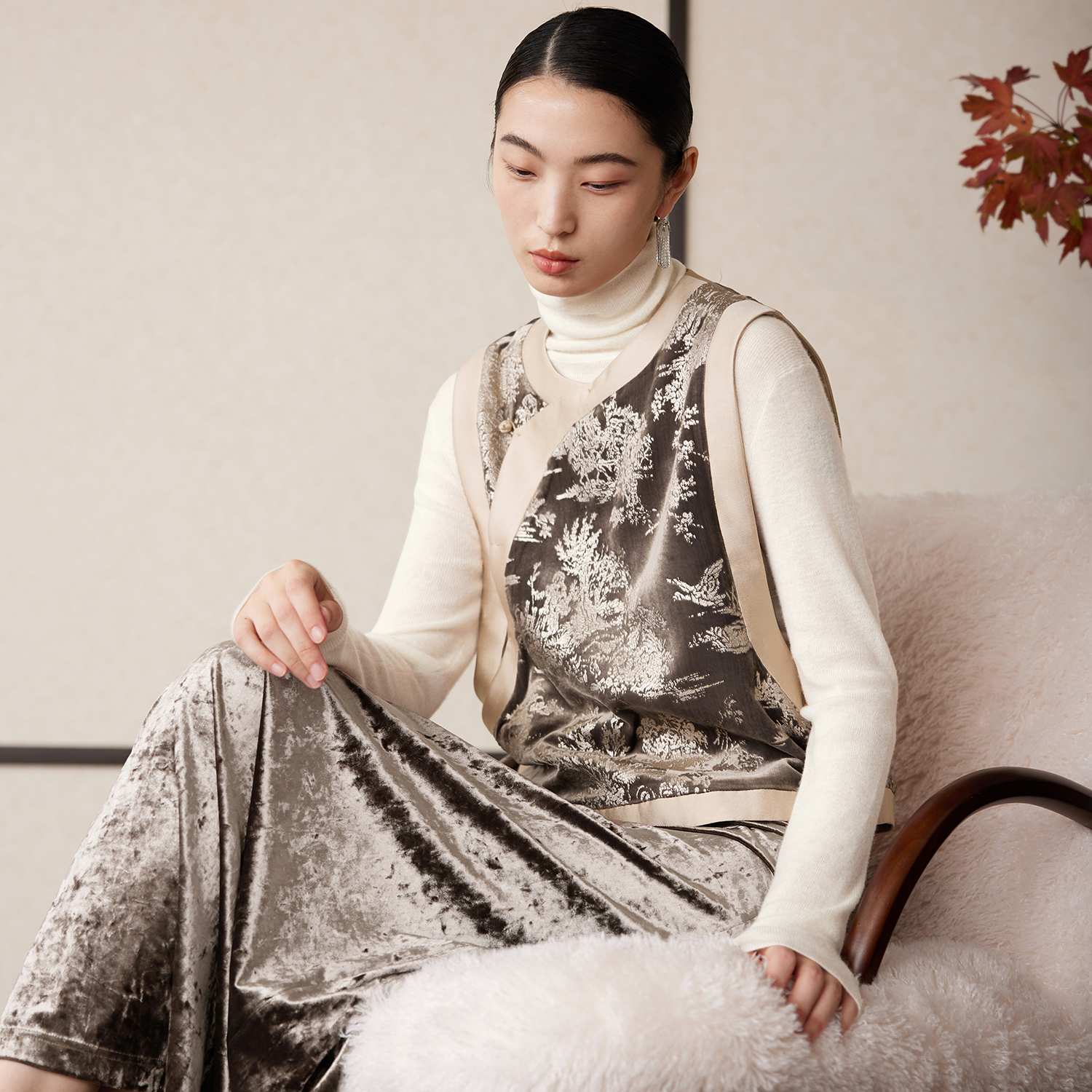 新中式烫金提花丝绒马甲