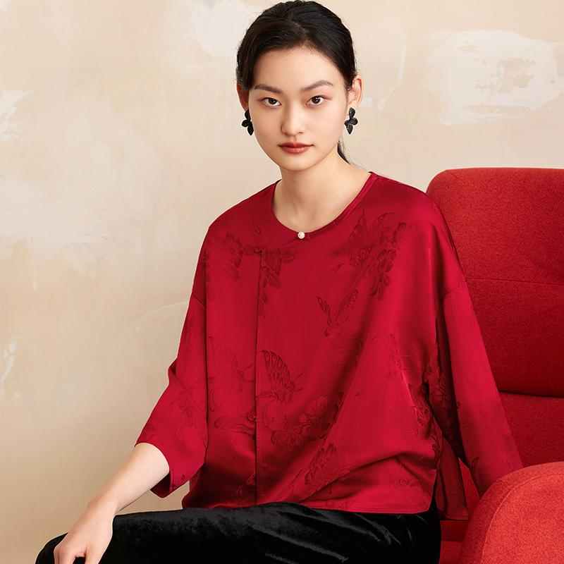 如意连云新中式缎面提花衬衫