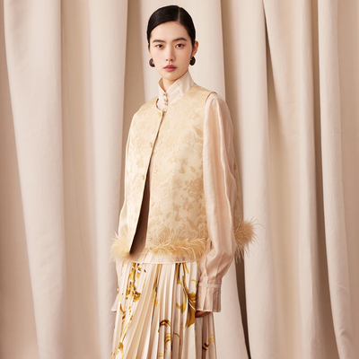 新中式可脱卸驼鸟毛提花马甲