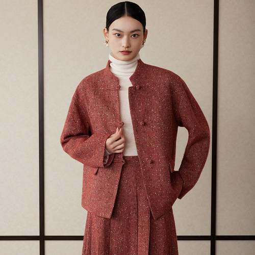 新中式立领对襟毛呢棉服