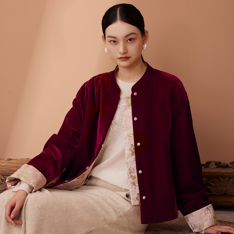 新中式真丝丝绒盘扣棉服