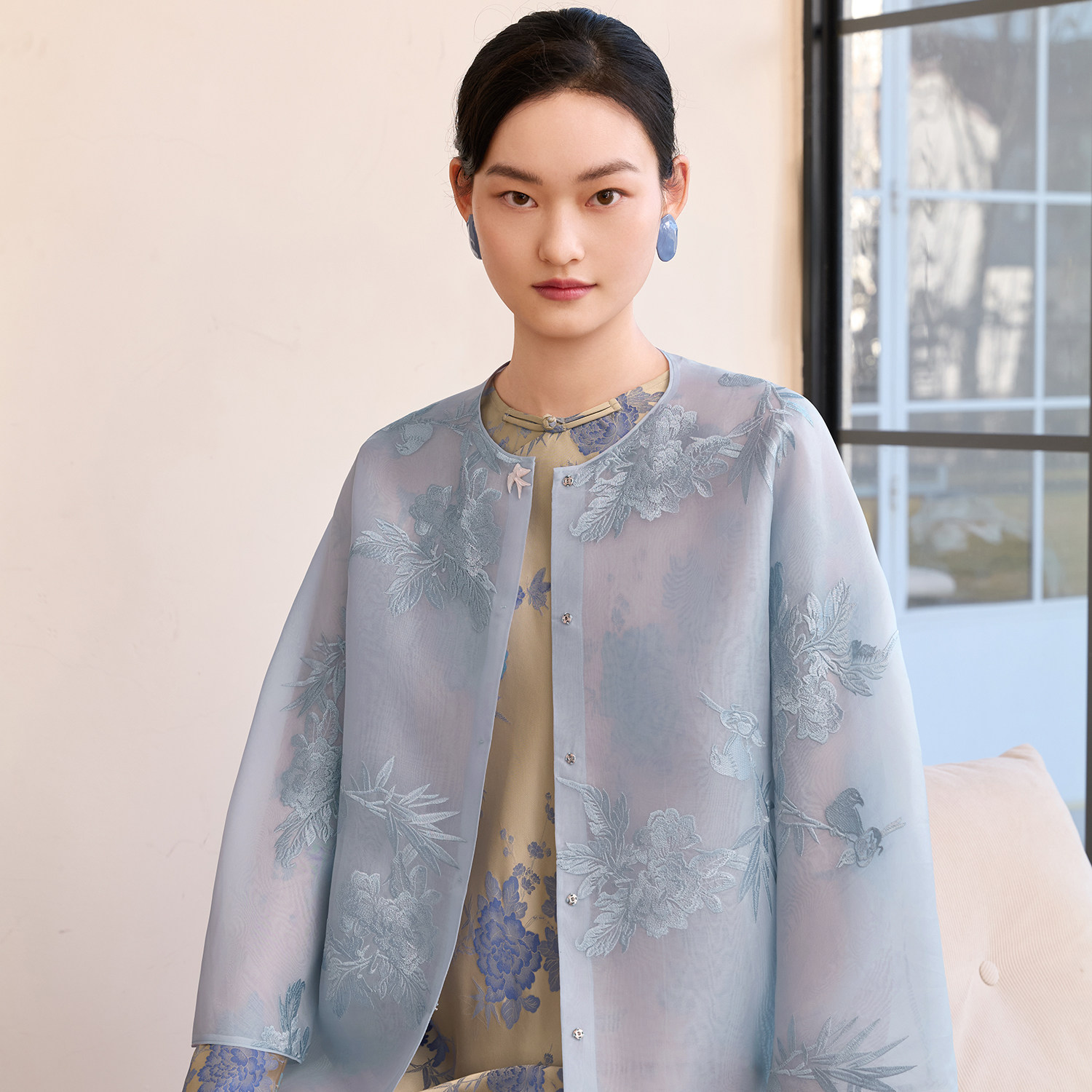 如意连云【繁笙】春款真丝欧根纱绣花衬衫女新中式七分袖开衫上衣