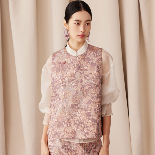 进口织金提花马甲女新中式 新年款 玉石扣坎肩背心 紫萱 如意连云