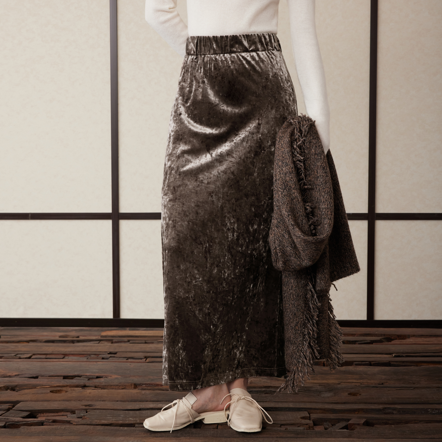 新中式松紧腰冰花丝绒半身裙