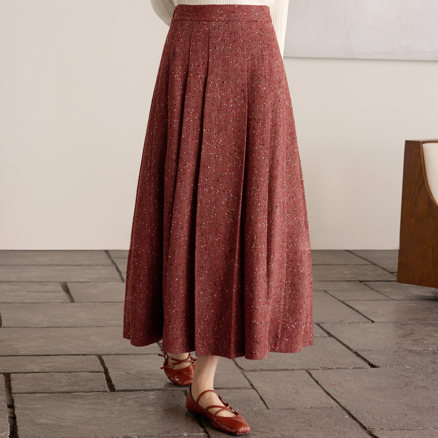 新中式松紧腰宽腰头压褶半裙