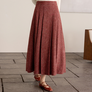 毛呢压褶半身裙女新中式 冬新款 国风松紧腰A字裙 妍俪 如意连云
