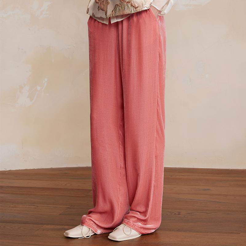 如意连云【苒潼】松紧腰真丝丝绒休闲裤女新中式国风直筒阔腿裤