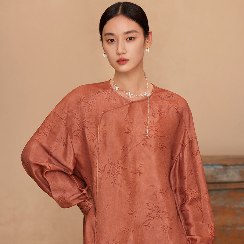 复古新中式偏襟长袖宽松衬衫