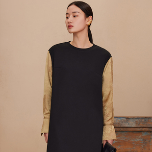针织长裙 国风撞色拼袖 如意连云春秋新款 圆领开叉连衣裙女新中式