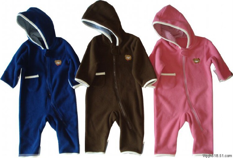 日系原单西松屋婴儿摇粒绒连体衣拉链开裆外穿带帽宝宝哈衣爬爬服