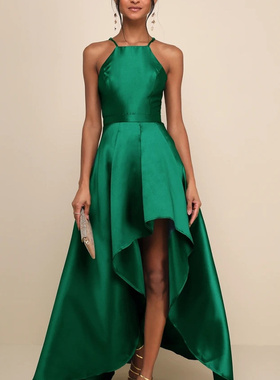 外贸LU家宴会派对高品质吊带显瘦无袖绿色显白个性时尚拖尾连衣裙