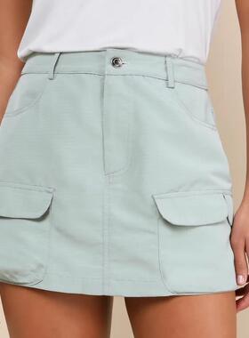 外贸LU家高腰显瘦春夏新款酷飒辣妹绿色口袋装饰优雅时尚半身裙裤