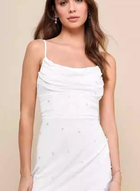 外贸单LU家吊带重工网纱珍珠显瘦简约白色甜美褶皱包臀气质连衣裙