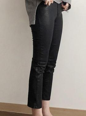 韩国秋冬烟管裤 涂层牛仔裤女 黑色直筒裤水洗皮裤显瘦中腰九分裤