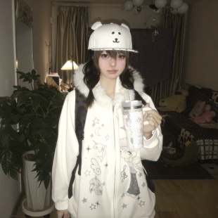 梨屋PEARHOUSE原创 亚文化宅萌白色薄绒卫衣外套宽松毛绒帽子