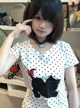 梨屋PEAR HOUSE波点小猫原创设计波点印花T恤纯棉修身2025宅萌韩