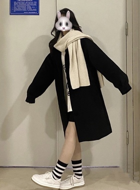 梨屋pear house原创黑色大衣灯笼袖中长款外套百搭美式学院风2021