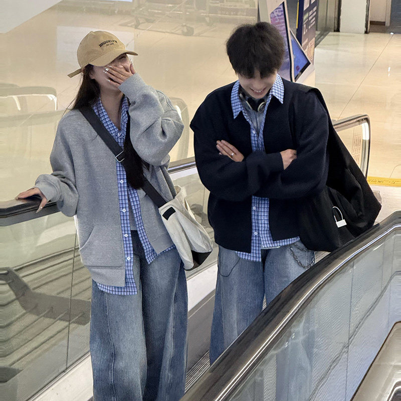 小鱼studio春季新款假两件格子拼接开衫情侣男女同款百搭卫衣外套