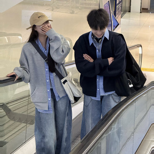 小鱼studio春季新款假两件格子拼接开衫情侣男女同款百搭卫衣外套