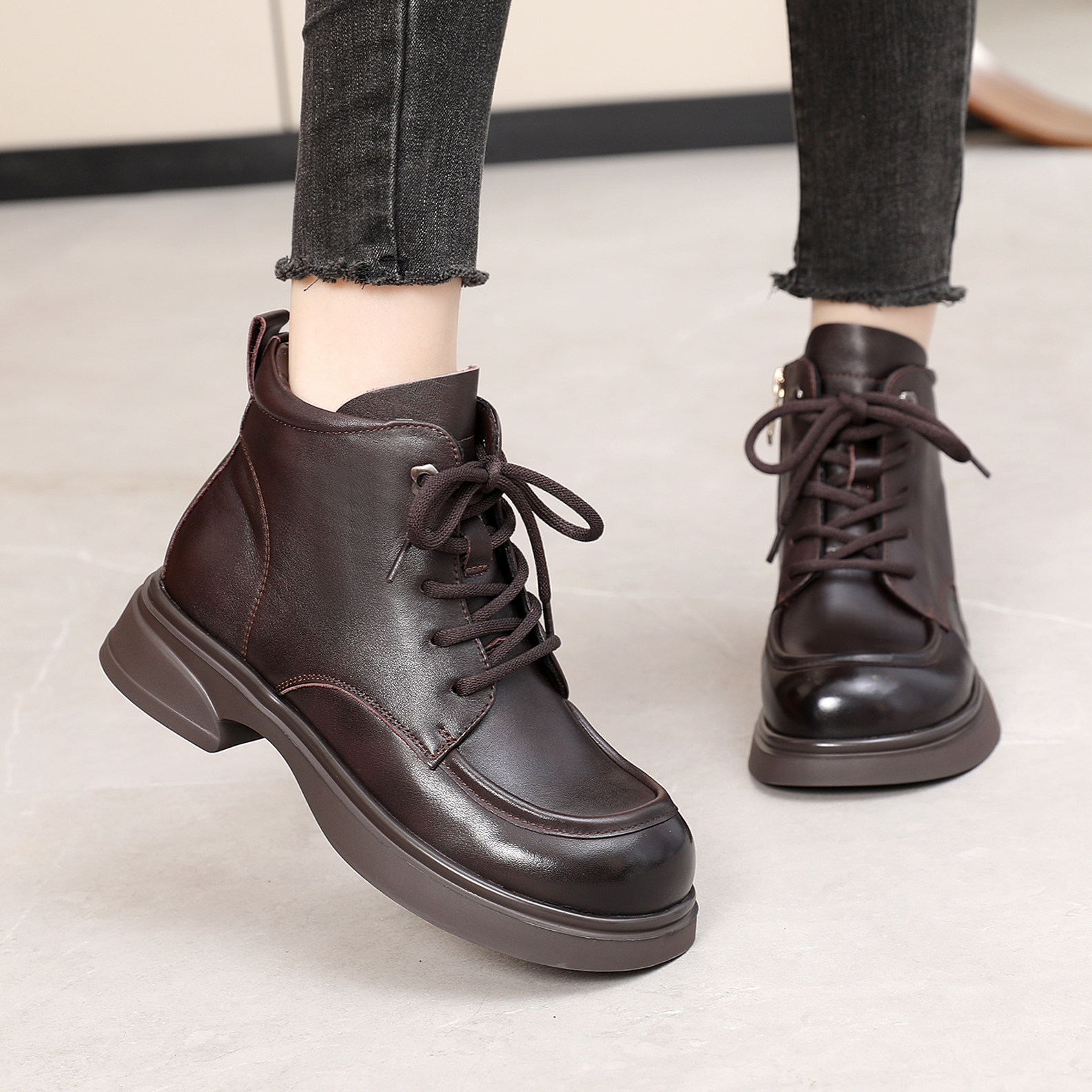 夏发真皮平跟短靴冬季加绒马丁靴