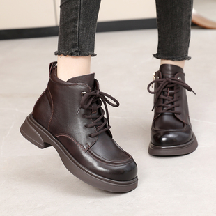 夏发真皮女鞋2025冬季加绒保暖棉鞋厚底平跟马丁靴头层牛皮短靴子